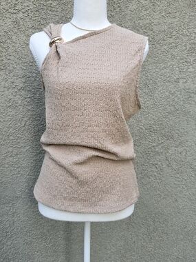 Fred David Beige Off-Shoulder Knit Top with Gold Ring Detail